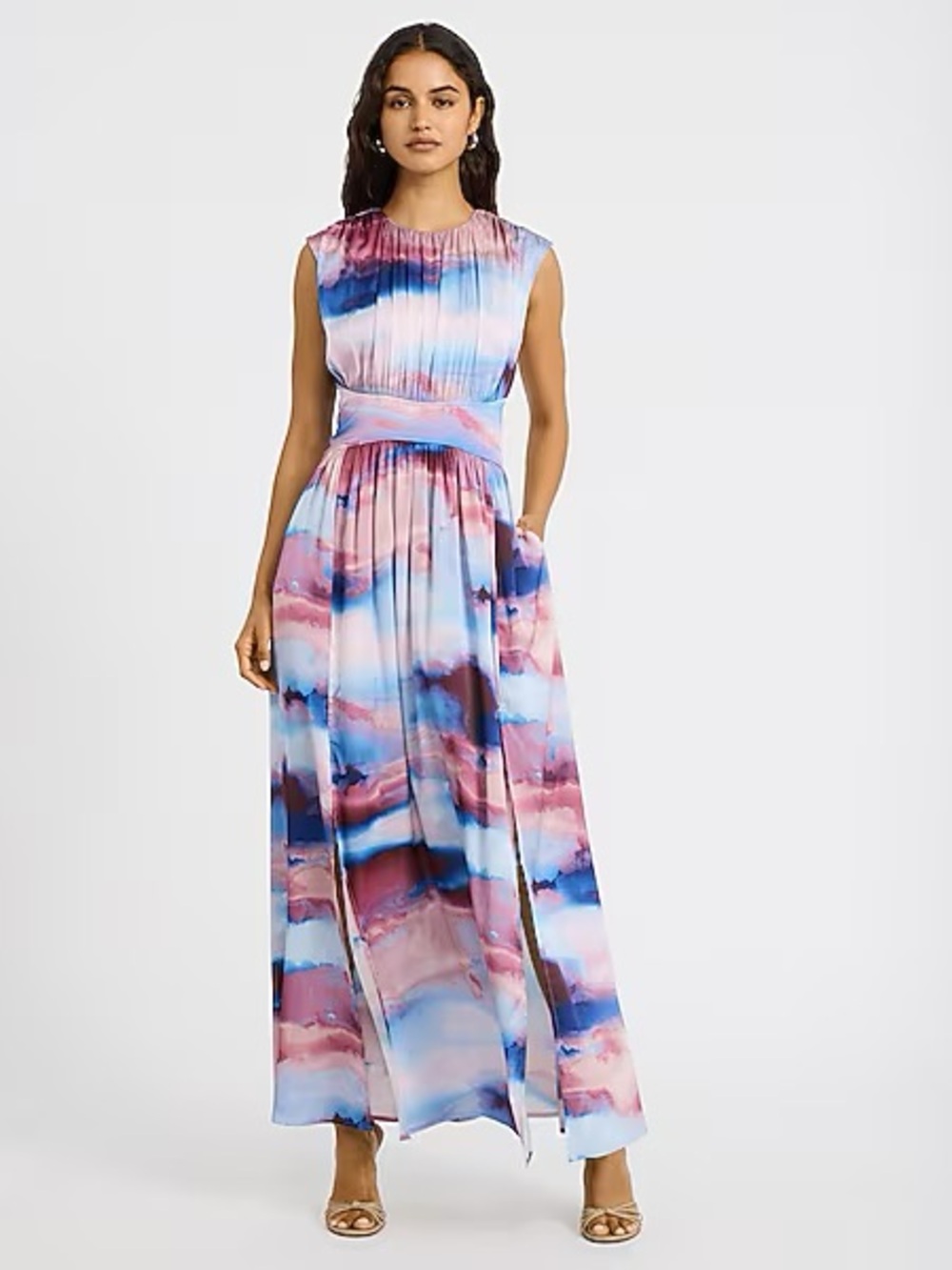 Wedding Guest DressSatin Printed Cap Sleeve Front Slit Maxi with Pockets NWT